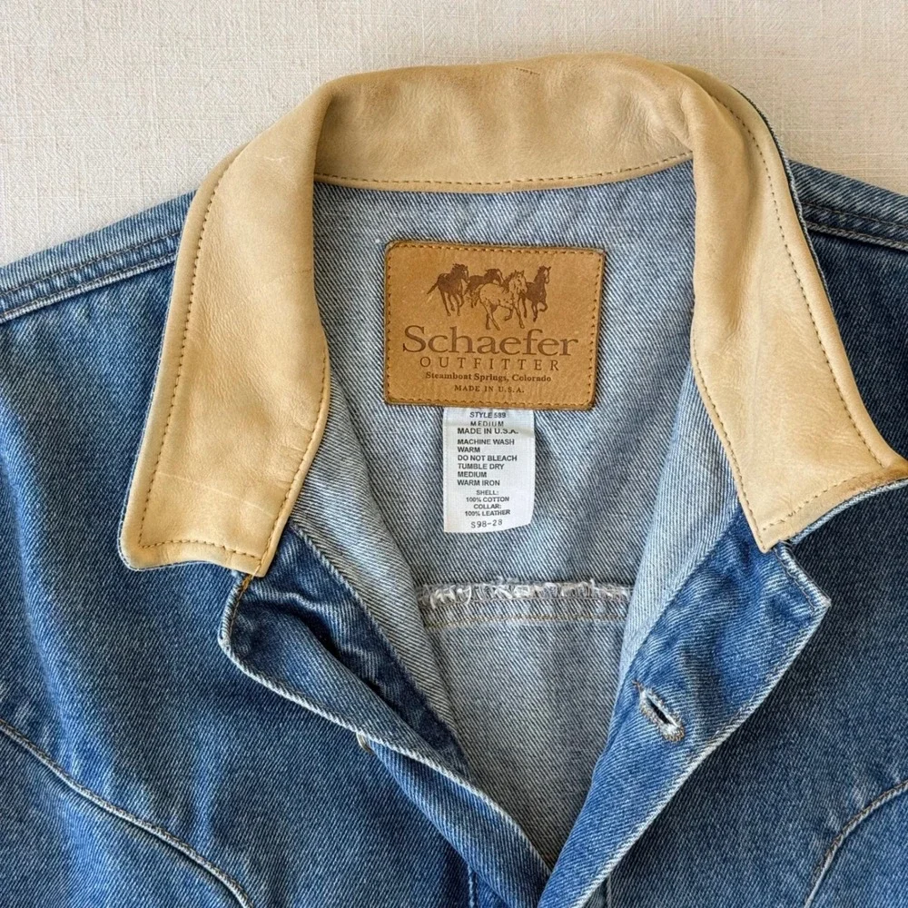 Vintage Schaefer Outfitter Denim Jacket M Leather Collar Western USA Ranch